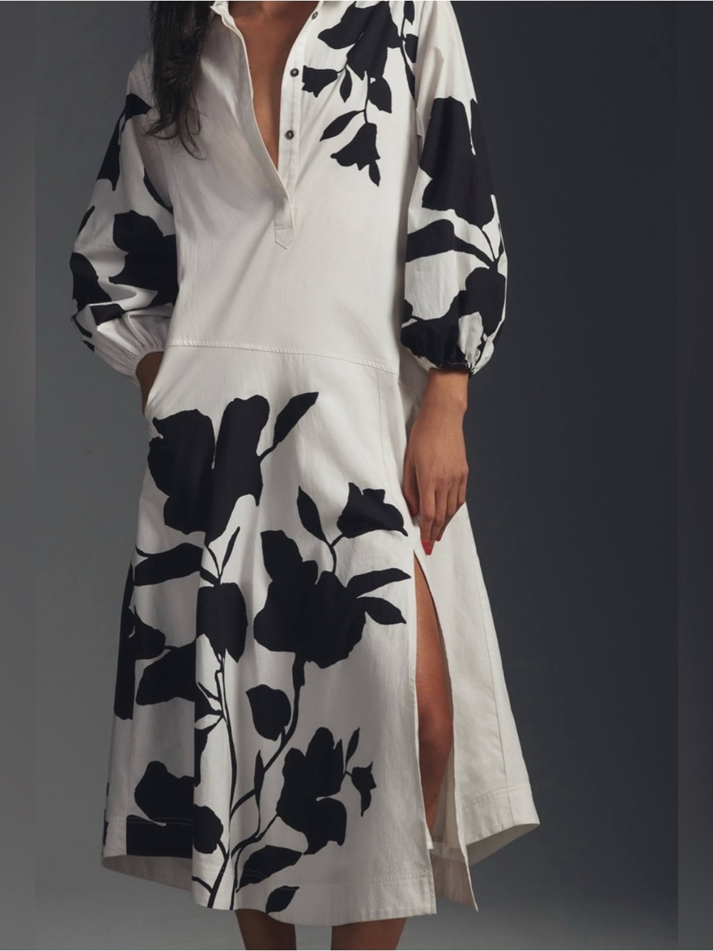 Jo Faulkner for Maeve White Black Floral Cotton Midi Shirt Dress S
